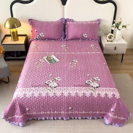 91家纺网 家纺一手货源 找家纺 2025新款水晶绒床单盖毯单人三件套花边毯子冬季加厚保暖双人加棉防滑绒毯 木棉花紫