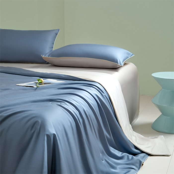 91家纺网 家纺一手货源 找家纺 笙意家纺 2025新款凉感水洗真丝麻绳双拼夏凉被-华尔兹系列 华尔兹-宾利蓝+山灰