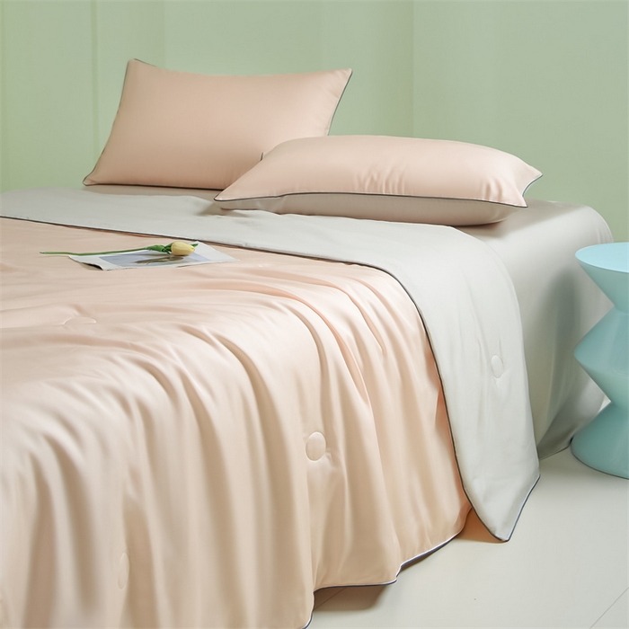 91家纺网 家纺一手货源 找家纺 笙意家纺 2025新款凉感水洗真丝麻绳双拼夏凉被-华尔兹系列 华尔兹-奶油粉+山灰