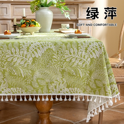 91家纺网 家纺一手货源 找家纺 南通大梧纺织 2025新款桌布-仿棉麻小穗边 绿萍