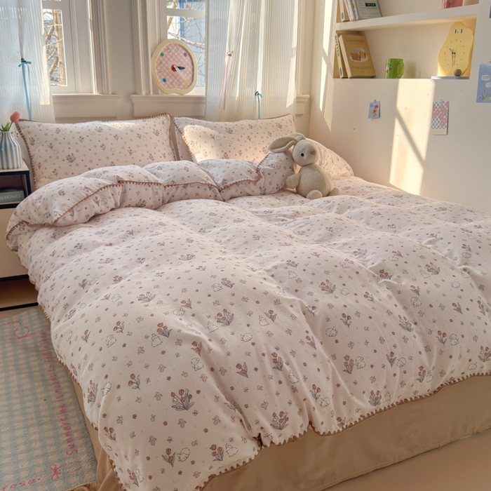 91家纺网 家纺一手货源 找家纺 淑女公社家纺 2025春夏新款 贝壳边双层纱套件 花野兔