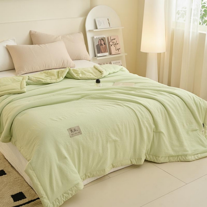 91家纺网 家纺一手货源 找家纺 子由家居 2025新款双层邹邹格大豆纤维夏被被子夏被 邹邹格-果绿