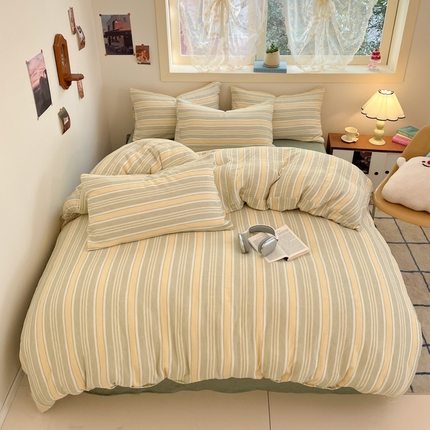 91家纺网 家纺一手货源 找家纺 艾咪-Amy ntmy 2025新款条纹款全棉双层皱皱纱四件套 小半粉米