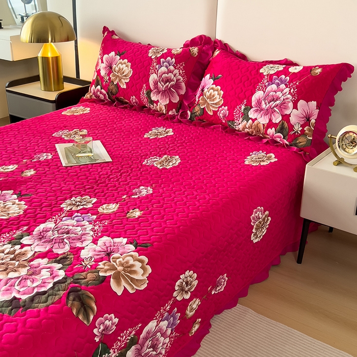 91家纺网 家纺一手货源 找家纺 2025新款水晶绒床单盖毯单人三件套花边毯子冬季加厚保暖双人加棉防滑绒毯 玫红蝶恋花