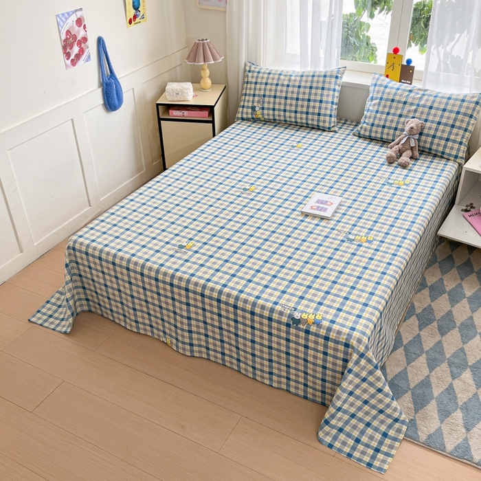 91家纺网 家纺一手货源 找家纺 莱通2025新款原棉老粗布床单 格子兔