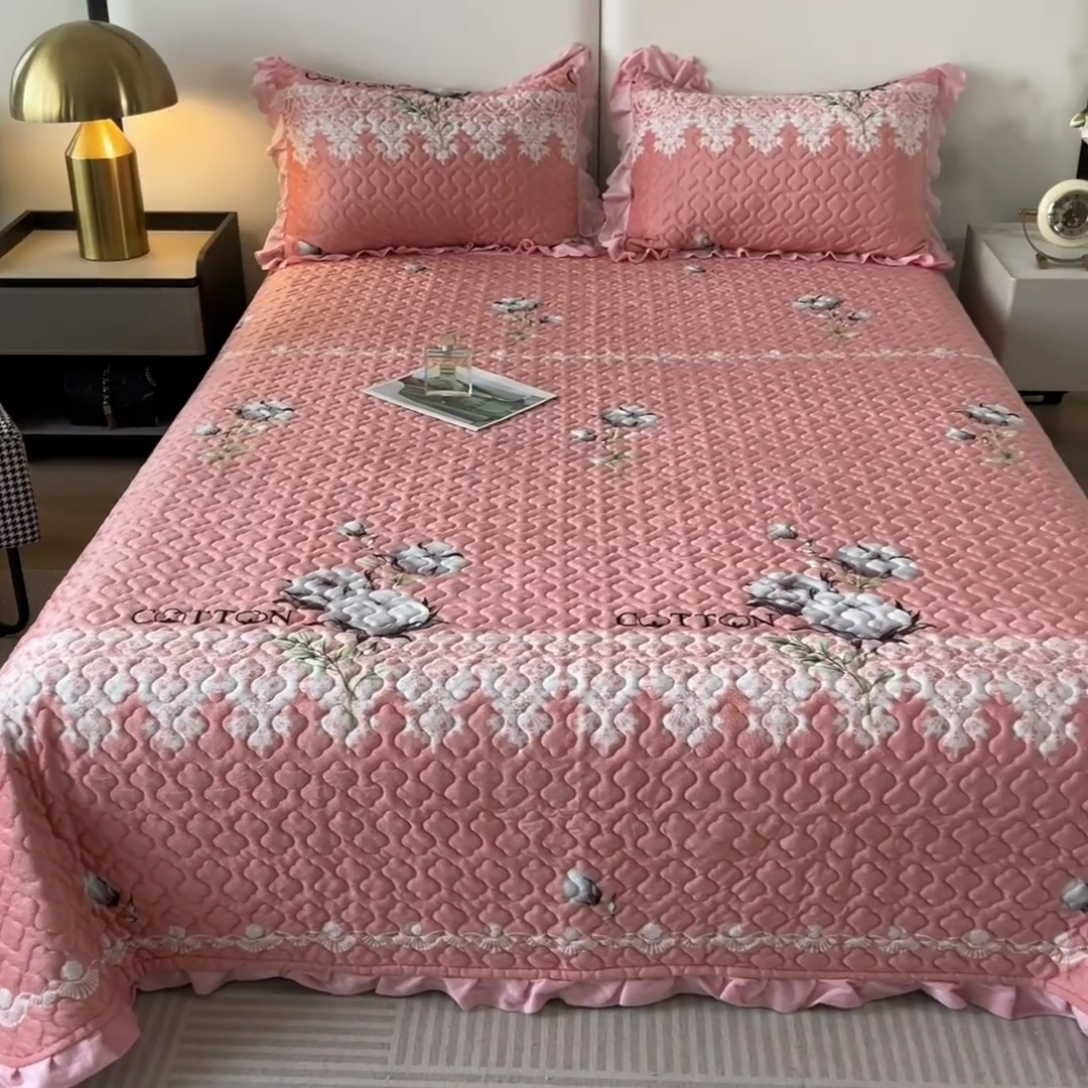 91家纺网 家纺一手货源 找家纺 2025新款水晶绒床单盖毯单人三件套花边毯子冬季加厚保暖双人加棉防滑绒毯 木棉花粉