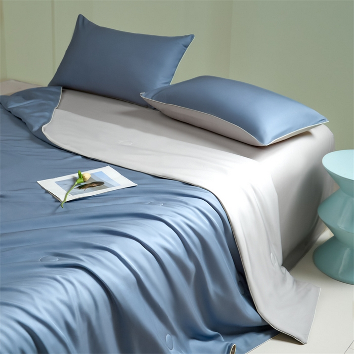 91家纺网 家纺一手货源 找家纺 笙意家纺 2025新款凉感水洗真丝麻绳双拼夏凉被-华尔兹系列 华尔兹-宾利蓝+山灰