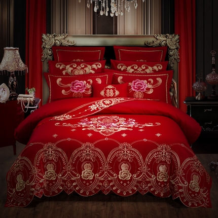 91家纺网 家纺一手货源 找家纺 （总）慕她家纺 2025慕她婚庆四件套大红色全棉纯棉刺绣结婚床上用品-系列二