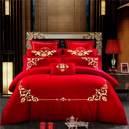 91家纺网 家纺一手货源 找家纺 （总）慕她家纺 2025慕她婚庆四件套大红色全棉纯棉刺绣结婚床上用品-系列二