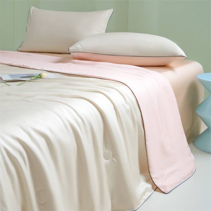 91家纺网 家纺一手货源 找家纺 笙意家纺 2025新款凉感水洗真丝麻绳双拼夏凉被-华尔兹系列 华尔兹-奶昔白+奶油粉