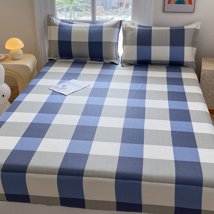 91家纺网 家纺一手货源 找家纺 凌云2025新款13372A类全棉床笠    蓝大格