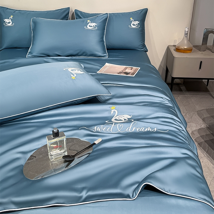 91家纺网 家纺一手货源 找家纺 如一 2025新款水洗冰丝麻绳夏被四件套天鹅系列 天鹅-宾利蓝