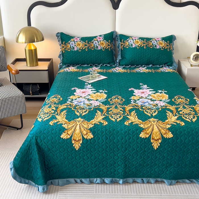 91家纺网 家纺一手货源 找家纺 2025新款水晶绒床单盖毯单人三件套花边毯子冬季加厚保暖双人加棉防滑绒毯 欧式墨绿