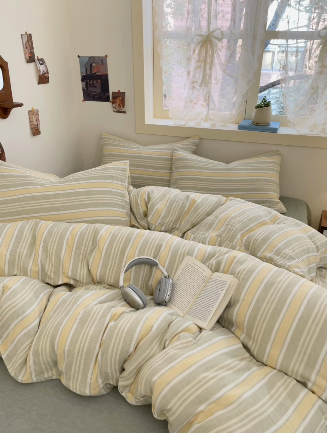 91家纺网 家纺一手货源 找家纺 艾咪-Amy ntmy 2025新款条纹款全棉双层皱皱纱四件套 小半粉米