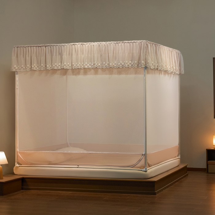 91家纺网 家纺一手货源 找家纺 飞轮海蚊帐 2025新款浪漫花边床笠款三开门方顶蚊帐-Z98 香槟