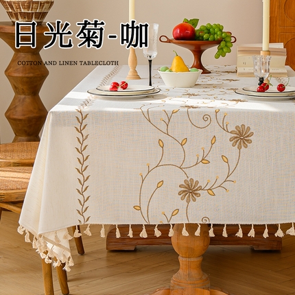 南通大梧纺织 2025新款植物系绣花桌布（防水） 日光菊-咖