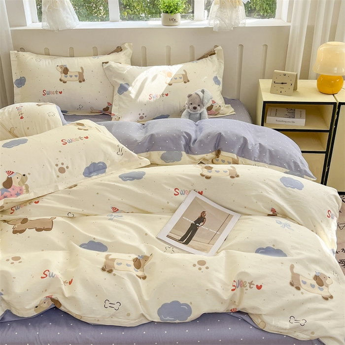 91家纺网 家纺一手货源 找家纺 大吉 2025新款100全棉纯棉喷气小清新被套四件套纯棉三件套床笠四件套单被套单枕套 萌宠日记