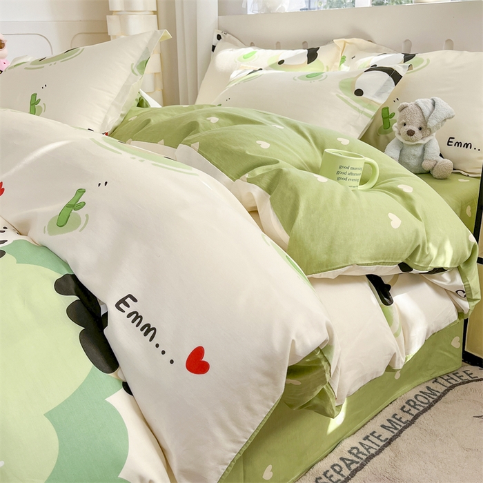 91家纺网 家纺一手货源 找家纺 大吉 2025新款100全棉纯棉喷气小清新被套四件套纯棉三件套床笠四件套单被套单枕套 萌萌潘达