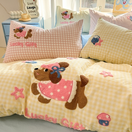 乐坊2025新款云朵棉毛巾绣四件套 腊肠狗-黄格
