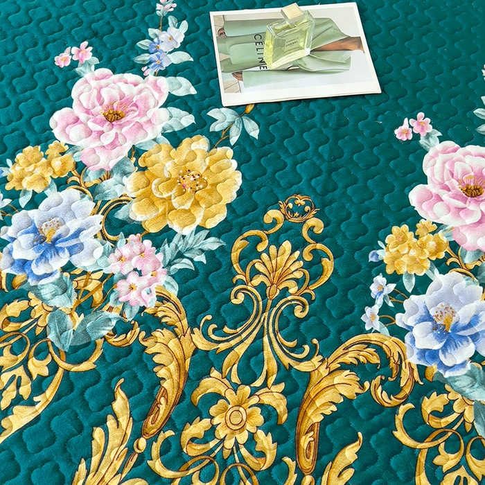 91家纺网 家纺一手货源 找家纺 2025新款水晶绒床单盖毯单人三件套花边毯子冬季加厚保暖双人加棉防滑绒毯 欧式墨绿