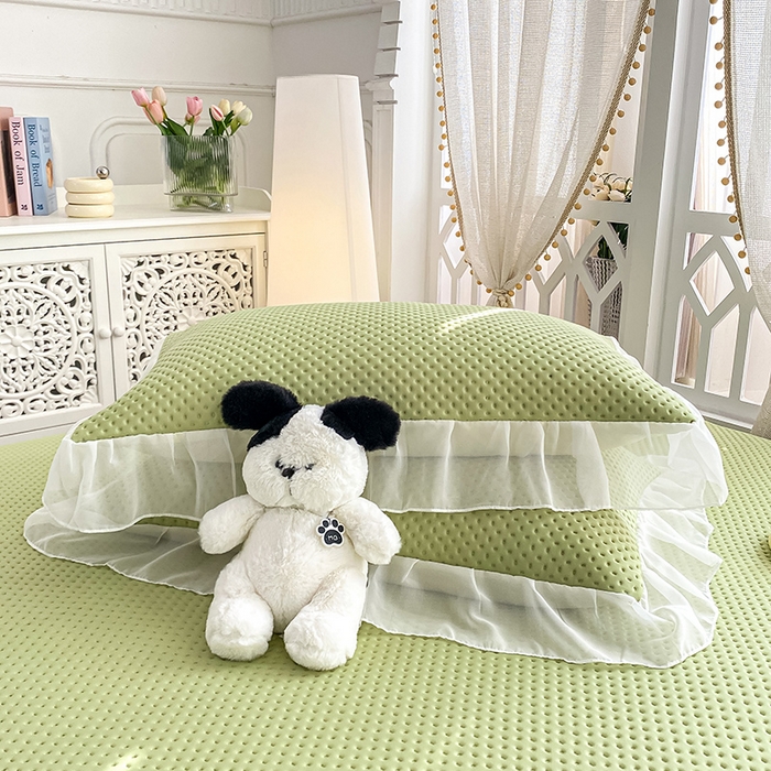 91家纺网 家纺一手货源 找家纺 眠势力 2025新款华夫格花边床笠豆豆凉席款夏季凉感床垫保护套 （提供买家秀） 西瓜绿