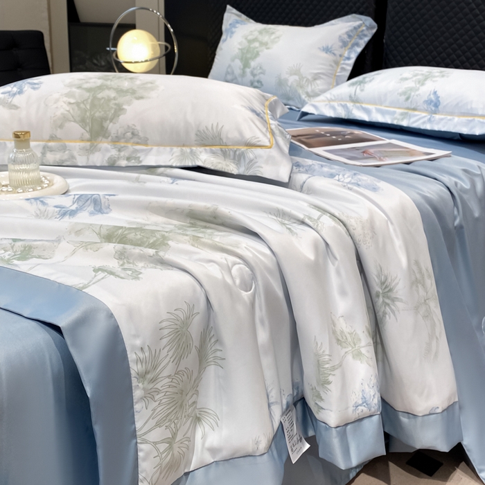 91家纺网 家纺一手货源 找家纺 绘萱2025爆款直播印花水洗天丝夏被四件套凉感水洗真丝冰丝夏凉被空调被发财树-蓝