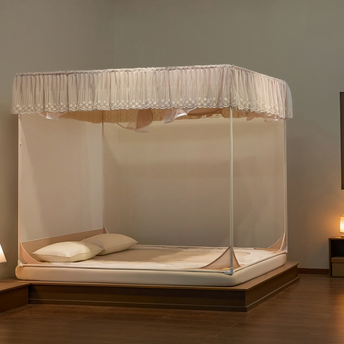 91家纺网 家纺一手货源 找家纺 飞轮海蚊帐 2025新款浪漫花边床笠款三开门方顶蚊帐-Z98 香槟