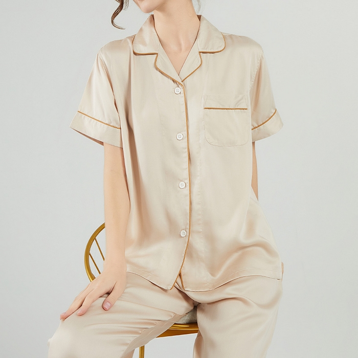 91家纺网 家纺一手货源 找家纺 欧夏家纺 2025新款莱赛尔天丝睡衣家居服 香槟色