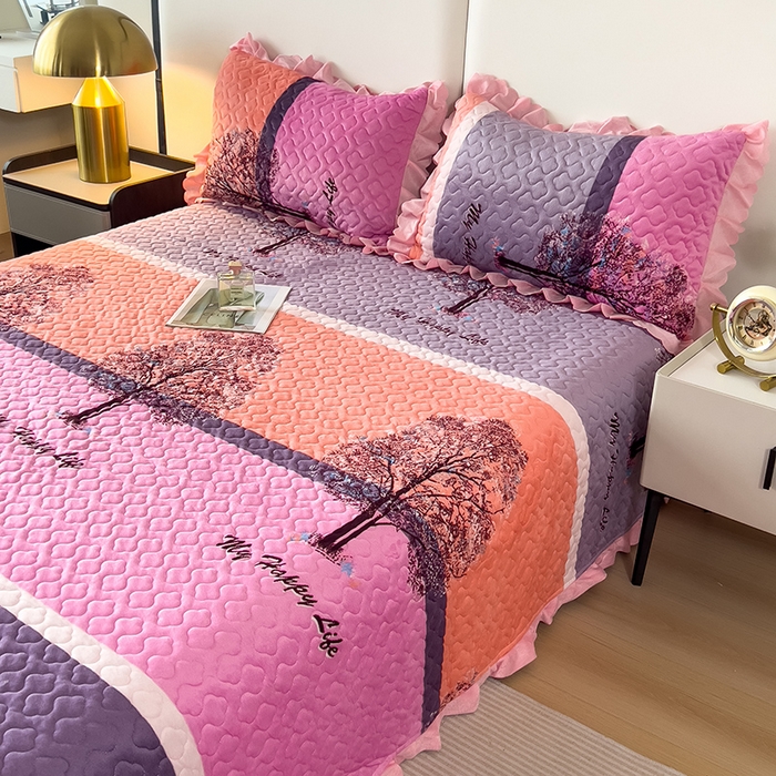 91家纺网 家纺一手货源 找家纺 2025新款水晶绒床单盖毯单人三件套花边毯子冬季加厚保暖双人加棉防滑绒毯 粉色发财树