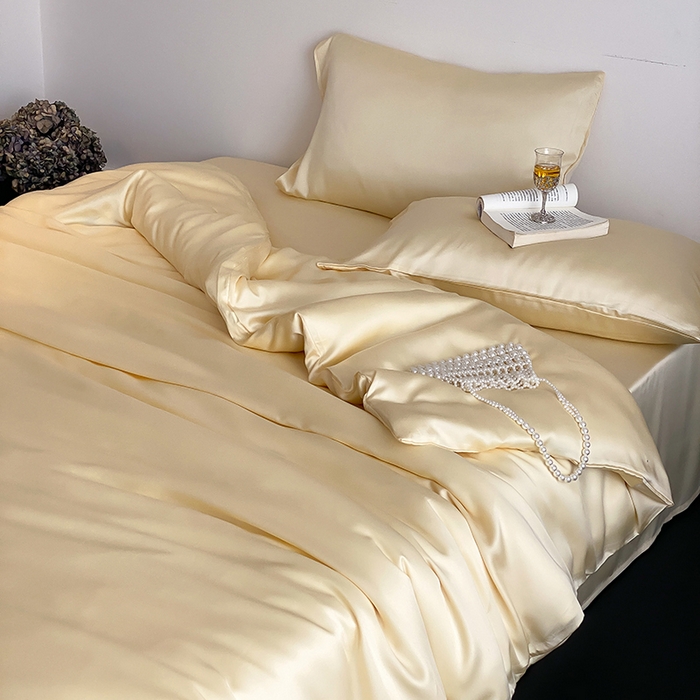 91家纺网 家纺一手货源 找家纺 繁花家居  2025新款亲肤舒适A类高支密冰丝素色冰丝四件套-风格一 黄桃蜜恋