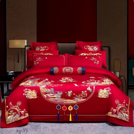 91家纺网 家纺一手货源 找家纺 （总）慕她家纺 2025慕她婚庆长绒棉四件套大红色全棉纯棉刺绣结婚床上用品