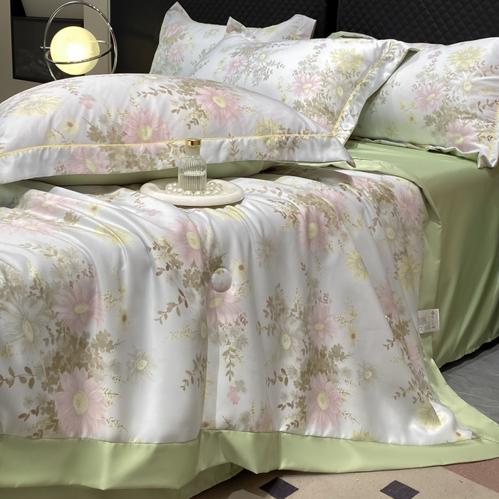 91家纺网 家纺一手货源 找家纺 绘萱2025爆款直播印花水洗天丝夏被四件套凉感水洗真丝冰丝夏凉被空调被向阳花