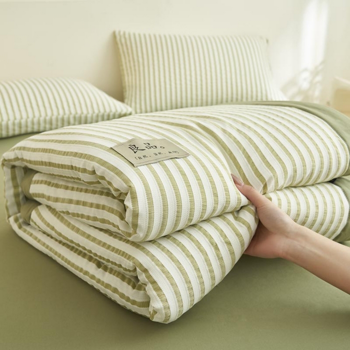91家纺网 家纺一手货源 找家纺 子由家居 2025新款色织条纹提花大豆夏被四件套 色织条纹-豆绿
