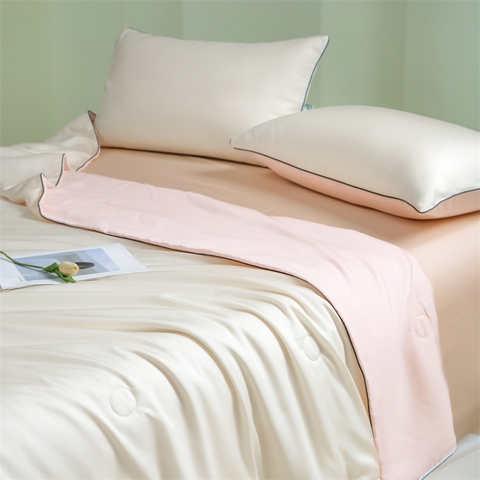 91家纺网 家纺一手货源 找家纺 笙意家纺 2025新款凉感水洗真丝麻绳双拼夏凉被-华尔兹系列 华尔兹-奶昔白+奶油粉