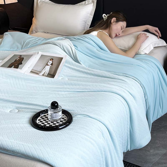 91家纺网 家纺一手货源 找家纺 子由家居 2025新款凉感丝浮雕提花大豆夏被被子被芯 经典格-天蓝
