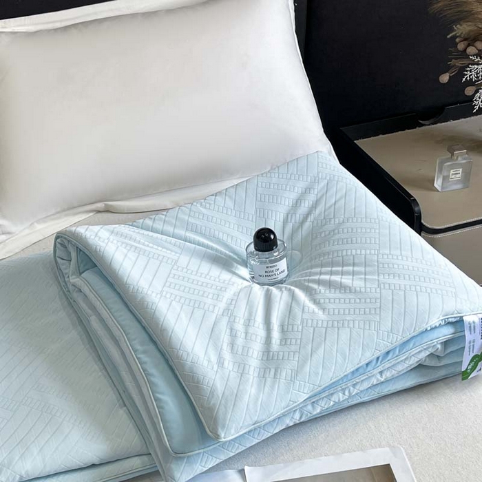 91家纺网 家纺一手货源 找家纺 子由家居 2025新款凉感丝浮雕提花大豆夏被被子被芯 经典格-天蓝