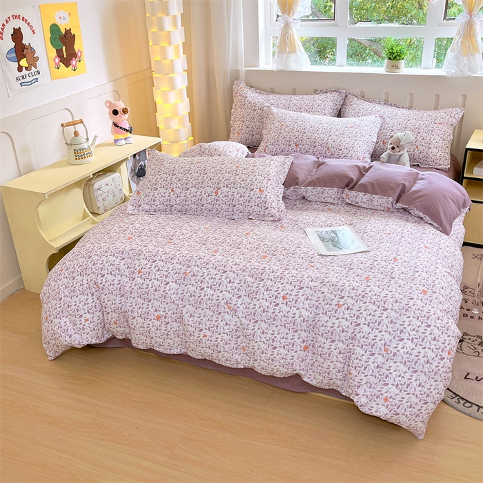 91家纺网 家纺一手货源 找家纺 大吉 2025新款100全棉纯棉喷气小清新被套四件套纯棉三件套床笠四件套单被套单枕套 紫薰