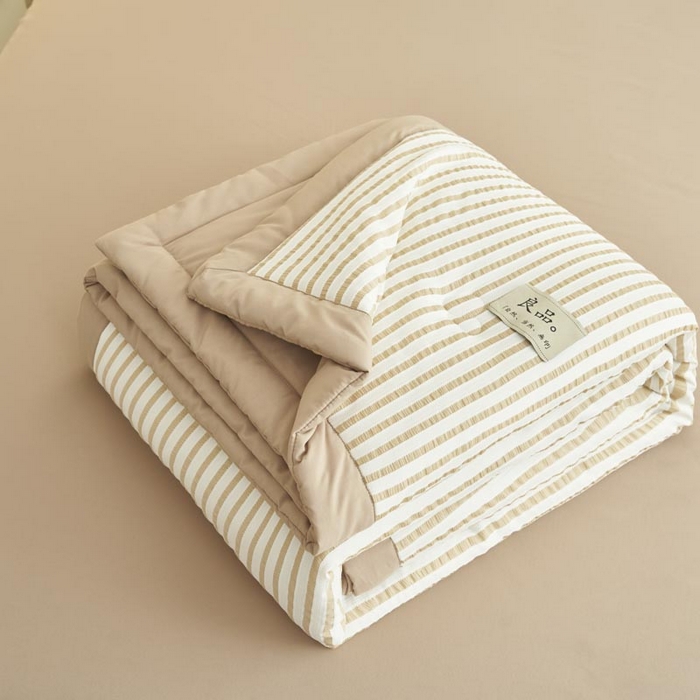 91家纺网 家纺一手货源 找家纺 子由家居 2025新款色织条纹提花大豆夏被四件套 色织条纹-浅驼