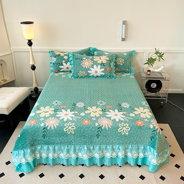 91家纺网 家纺一手货源 找家纺 珍爱家纺 2025新款冬季加厚夹棉保暖牛奶绒蕾丝花边床盖床裙单件三件套双人四件套 花颜绽放