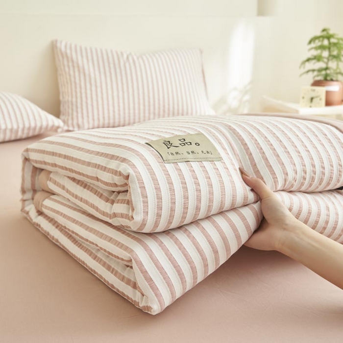 91家纺网 家纺一手货源 找家纺 子由家居 2025新款色织条纹提花大豆夏被四件套 色织条纹-豆沙