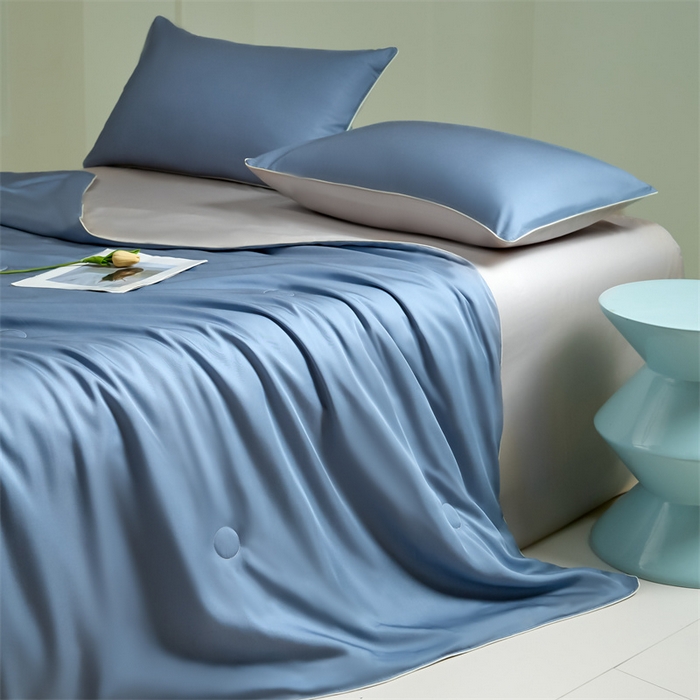 91家纺网 家纺一手货源 找家纺 笙意家纺 2025新款凉感水洗真丝麻绳双拼夏凉被-华尔兹系列 华尔兹-宾利蓝+山灰