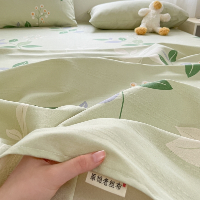 91家纺网 家纺一手货源 找家纺 莱通2025新款原棉老粗布床单 叶恋风韵