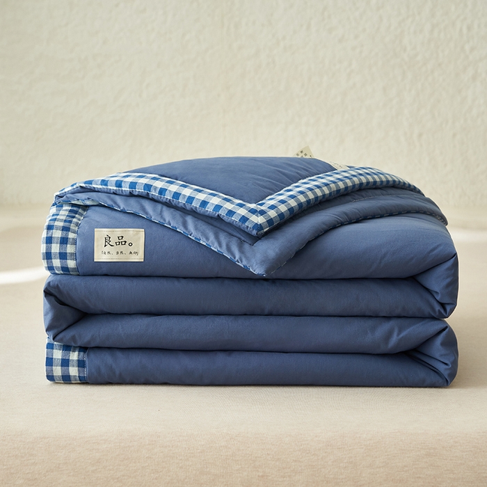 91家纺网 家纺一手货源 找家纺 子由家居 2025新款水洗棉棋盘格织标大豆纤维夏被被子被芯 棋盘格边夏被-深蓝
