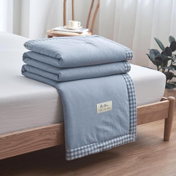 91家纺网 家纺一手货源 找家纺 子由家居 2025新款水洗棉棋盘格织标大豆纤维夏被被子被芯 棋盘格边夏被-浅蓝