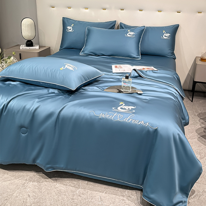 91家纺网 家纺一手货源 找家纺 （总）如一 2025新款水洗冰丝麻绳夏被四件套天鹅系列