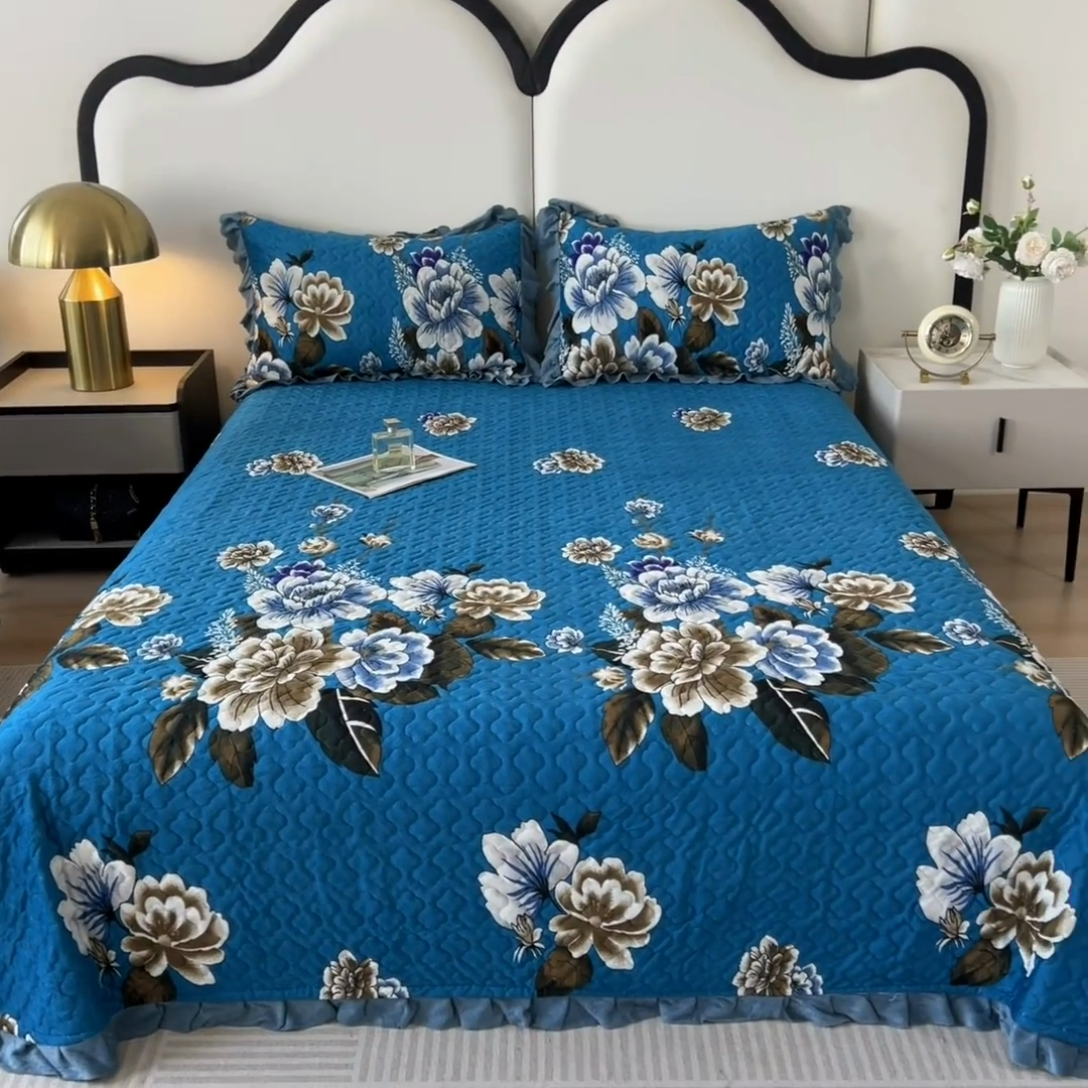 91家纺网 家纺一手货源 找家纺 2025新款水晶绒床单盖毯单人三件套花边毯子冬季加厚保暖双人加棉防滑绒毯 蓝色蝶恋花