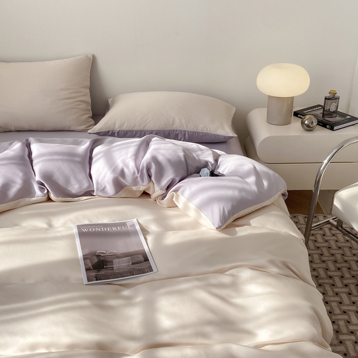 91家纺网 家纺一手货源 找家纺 繁花家居  2025新款亲肤舒适A类高支密冰丝素色冰丝四件套-风格一 白桃芋紫