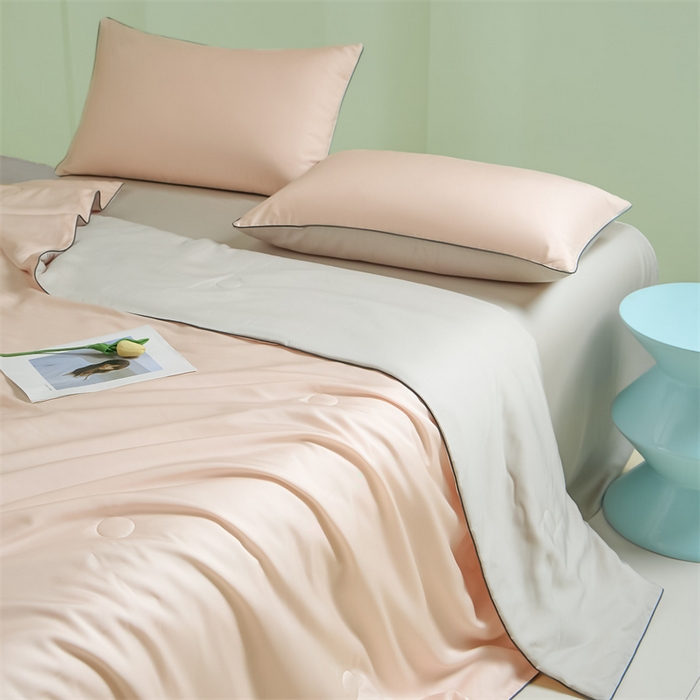 91家纺网 家纺一手货源 找家纺 笙意家纺 2025新款凉感水洗真丝麻绳双拼夏凉被-华尔兹系列 华尔兹-奶油粉+山灰