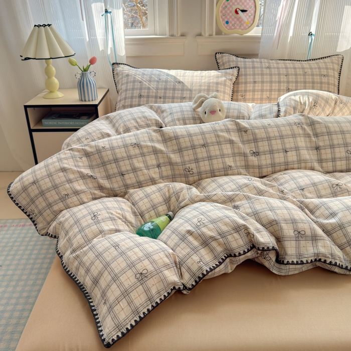 91家纺网 家纺一手货源 找家纺 淑女公社家纺 2025春夏新款 贝壳边双层纱套件 格子蝴蝶结