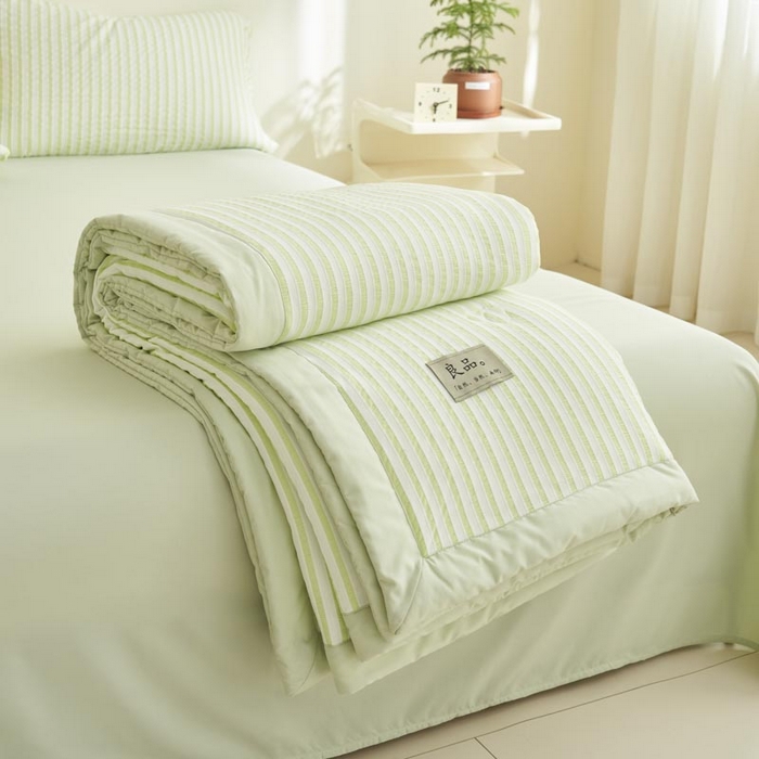 91家纺网 家纺一手货源 找家纺 子由家居 2025新款色织条纹提花大豆夏被四件套 色织条纹-果绿